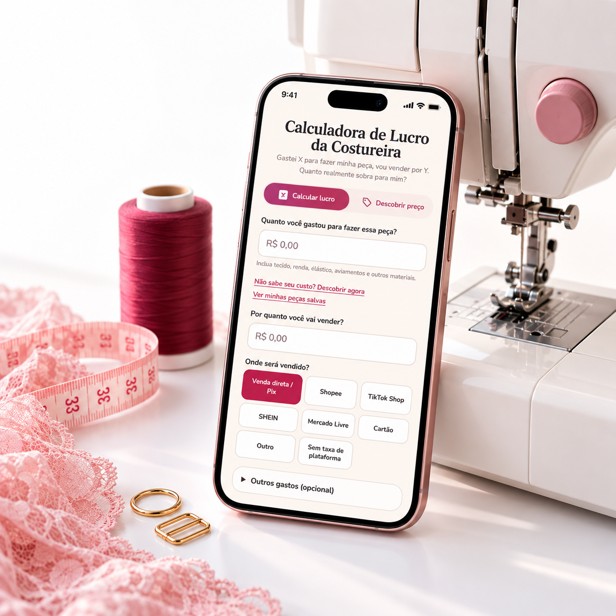 Calculadora de lucro para costureiras exibida no celular